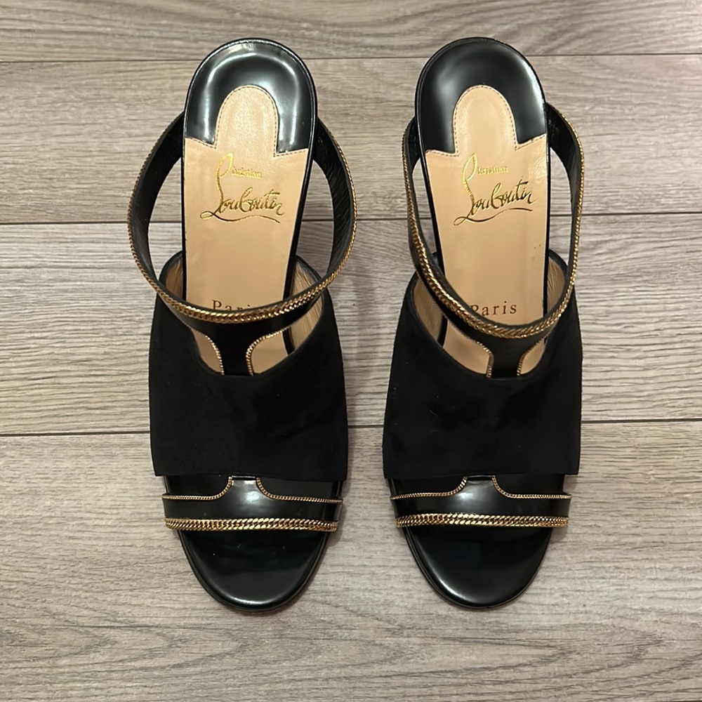 EUC Christian Louboutin Black/Gold heels Akenana 100 Jazz Calf/Suede Size 37